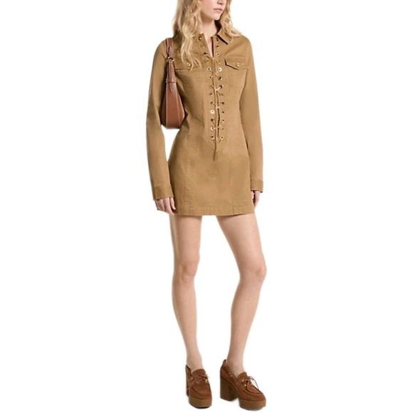 Michael Kors Dresses & Skirts - Michael Kors Chain Lace-Up Mini Dress In Dark Camel Size 0